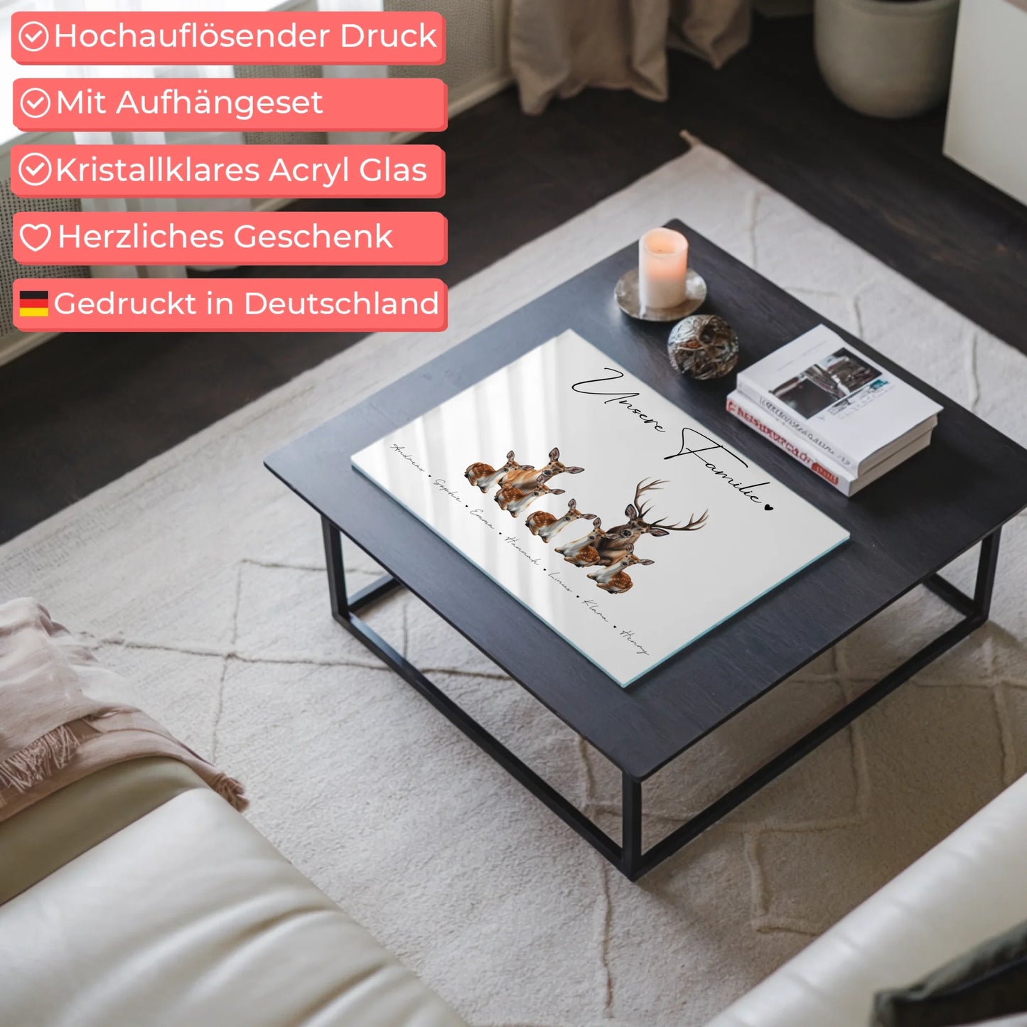 Personalisiertes Acrylglasbild Magnetisch Reh Familienporträt Geschenk für Mama Papa Oma Opa