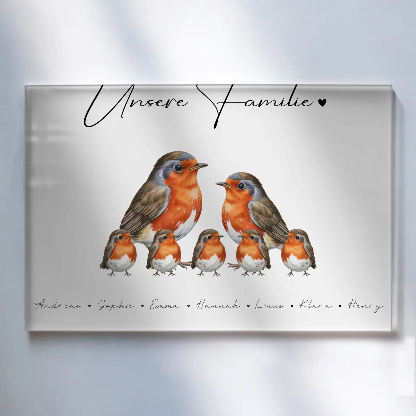 Personalisiertes Acrylglas Bild magnetisch Rotkehlchen Familienporträt Geschenk für Oma Opa Mama Papa