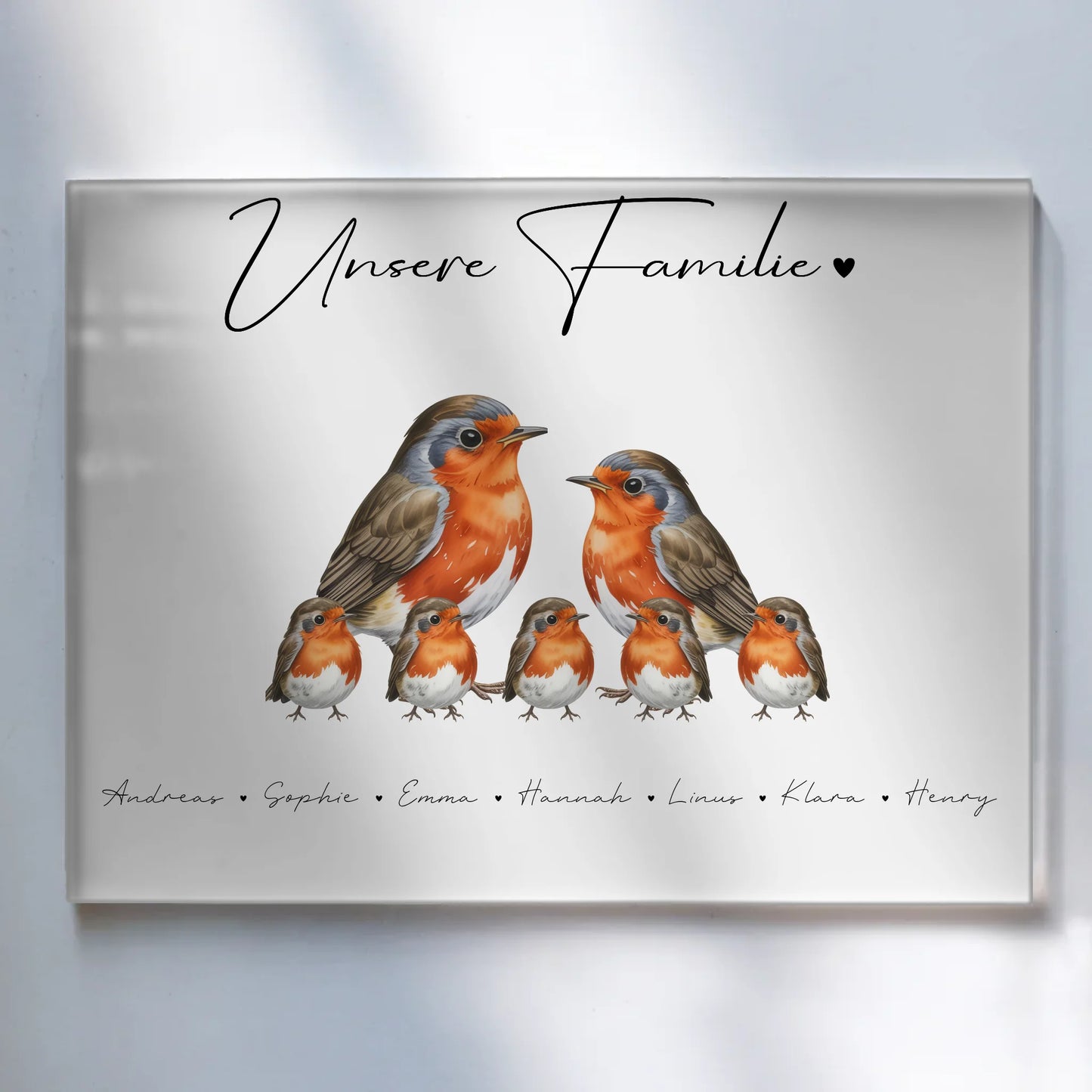 Personalisiertes Acrylglas Bild magnetisch Rotkehlchen Familienporträt Geschenk für Oma Opa Mama Papa