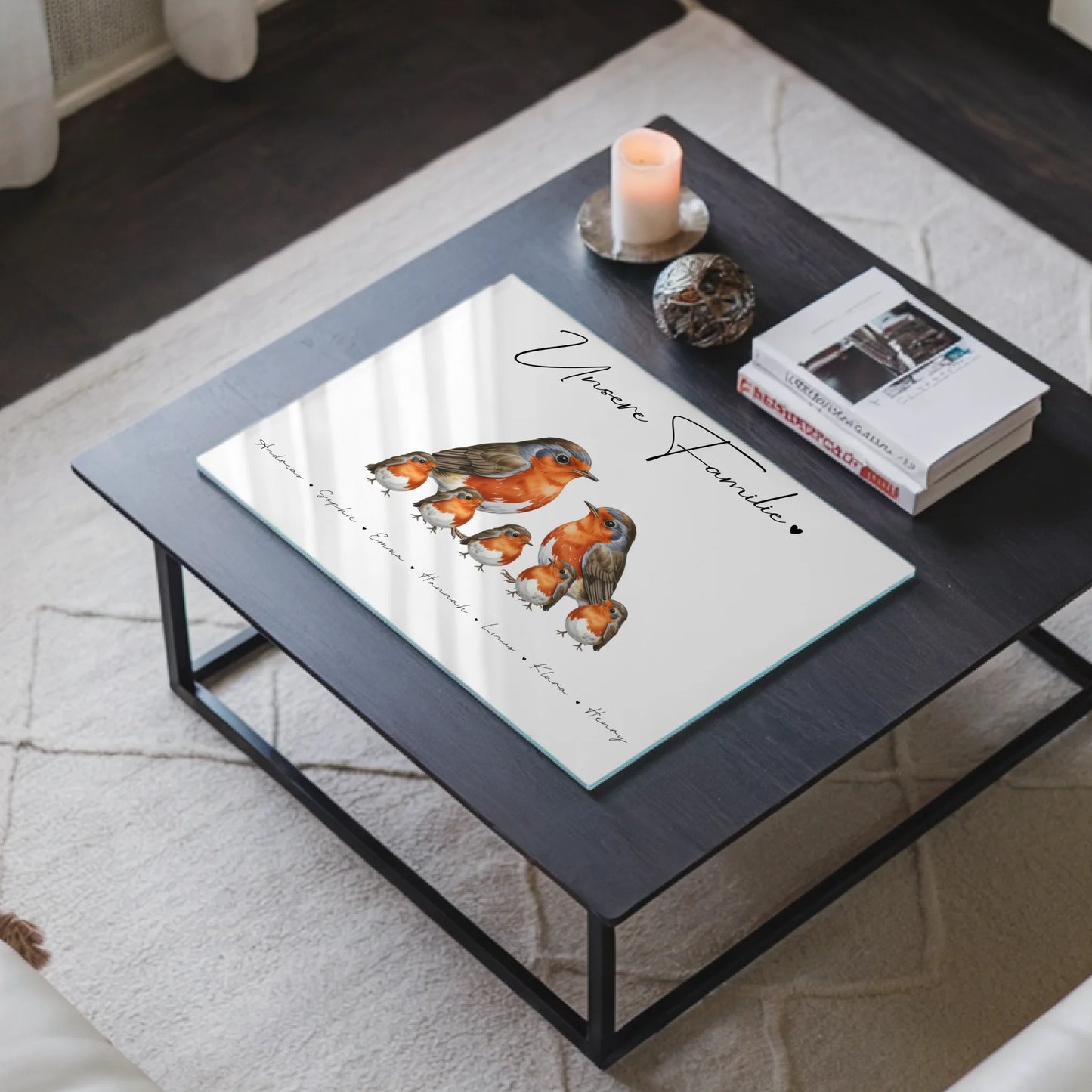 Personalisiertes Acrylglas Bild magnetisch Rotkehlchen Familienporträt Geschenk für Oma Opa Mama Papa