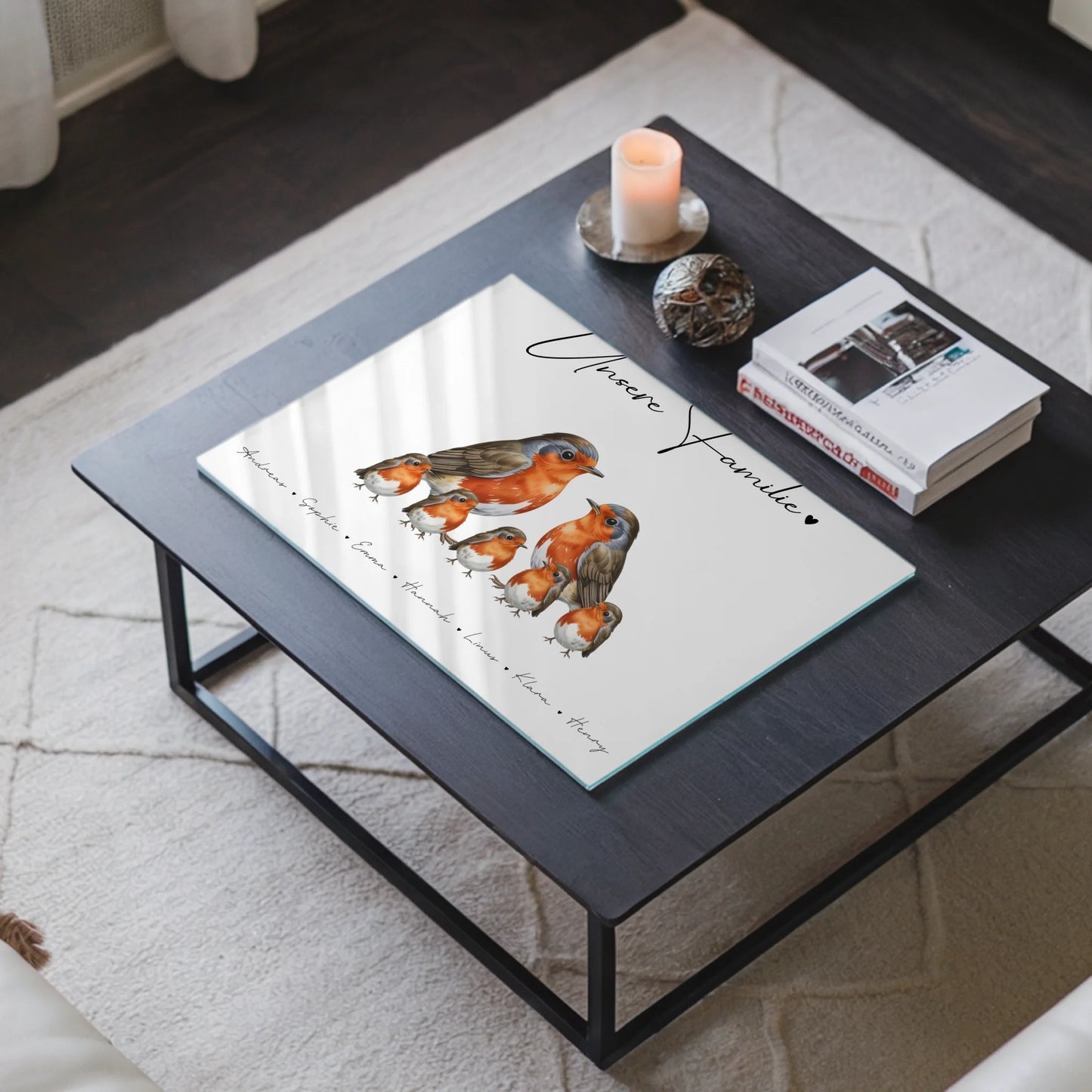 Personalisiertes Acrylglas Bild magnetisch Rotkehlchen Familienporträt Geschenk für Oma Opa Mama Papa