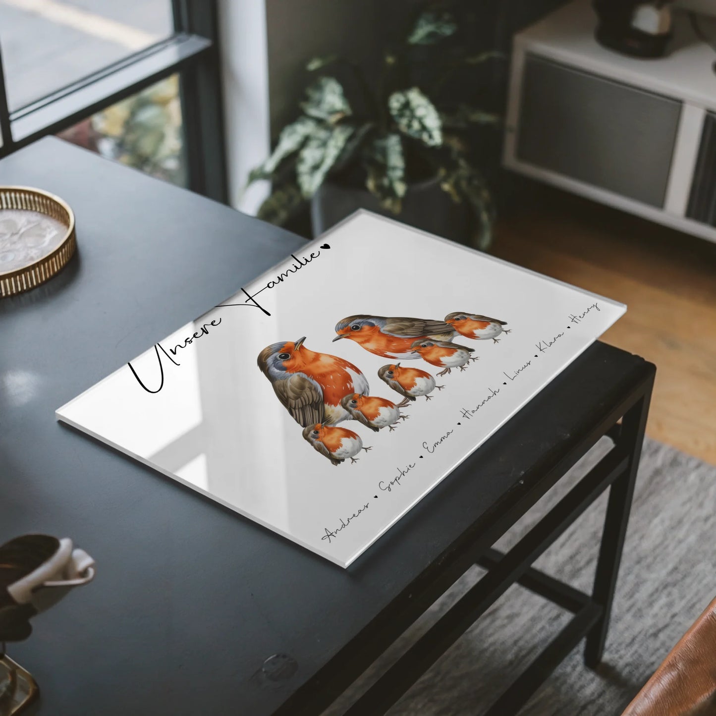 Personalisiertes Acrylglas Bild magnetisch Rotkehlchen Familienporträt Geschenk für Oma Opa Mama Papa