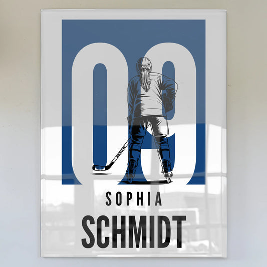 Acrylglas Wandbild Personalisiert magnetisch Eishockey Eishockeyspielerin Geschenk für Mädchen Turnier Urkunde