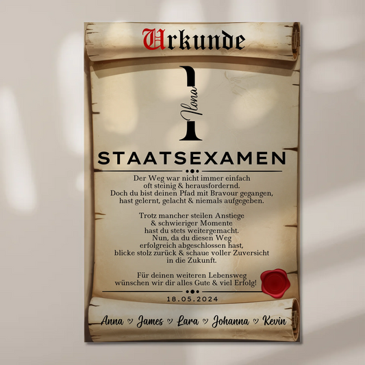 Urkunde Magnet Wandbild Fotoboard Geschenk zum Staatsexamen Abschluss