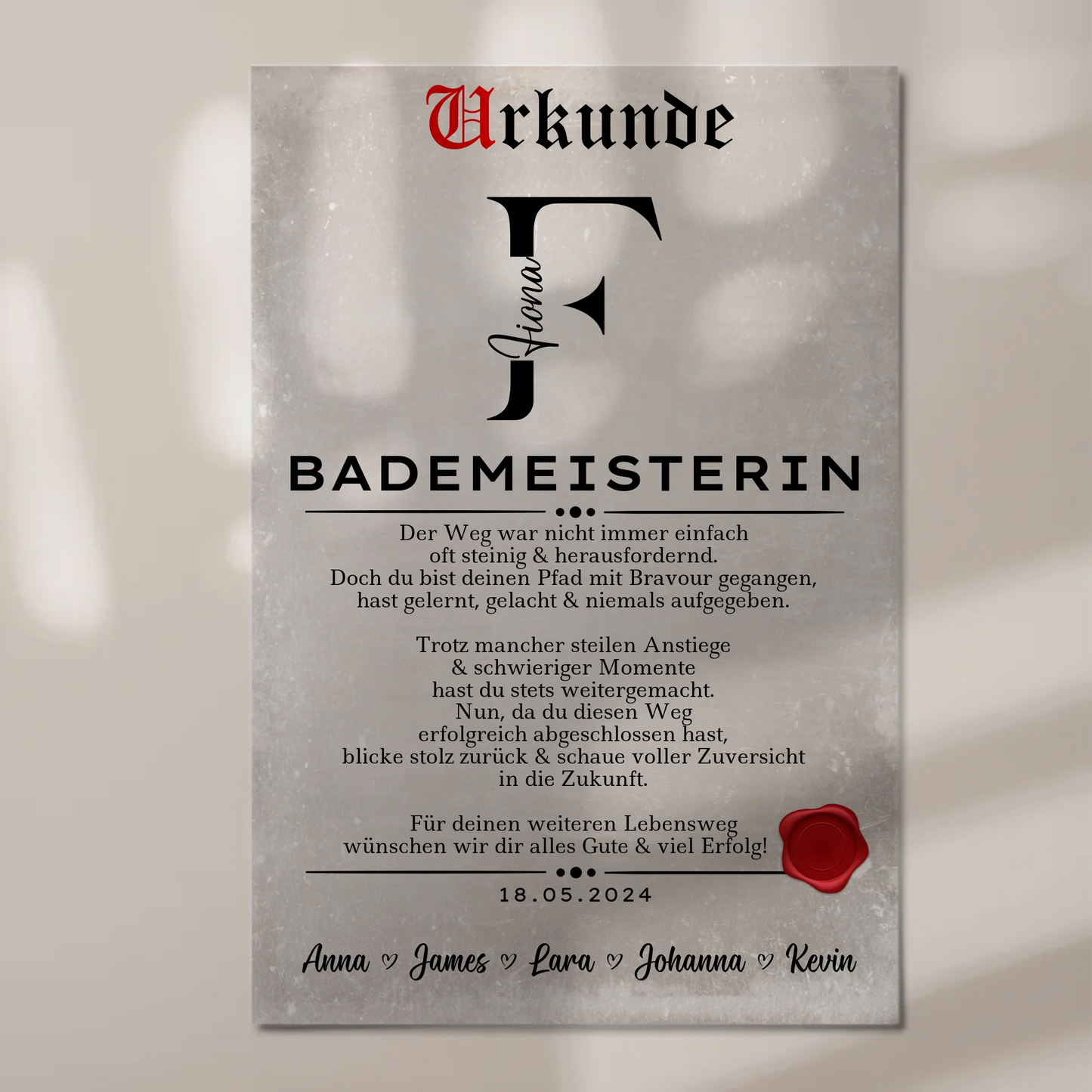 Geschenk Abschluss Ausbildung Bademeisterin Urkunde Fotoboard Magnet Wandbild