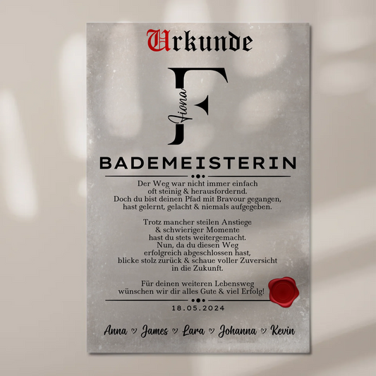 Geschenk Abschluss Ausbildung Bademeisterin Urkunde Fotoboard Magnet Wandbild