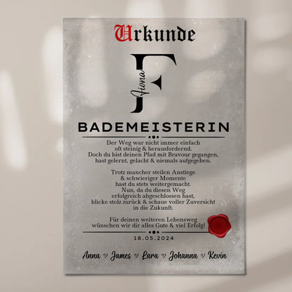 Geschenk Abschluss Ausbildung Bademeisterin Urkunde Fotoboard Magnet Wandbild