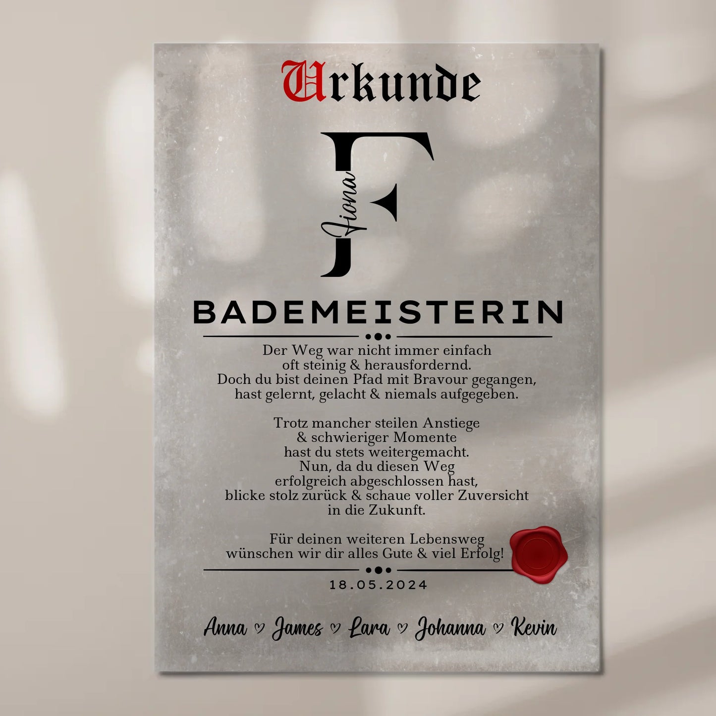 Geschenk Abschluss Ausbildung Bademeisterin Urkunde Fotoboard Magnet Wandbild