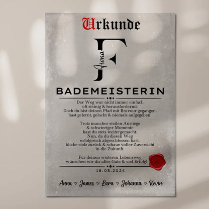 Geschenk Abschluss Ausbildung Bademeisterin Urkunde Fotoboard Magnet Wandbild