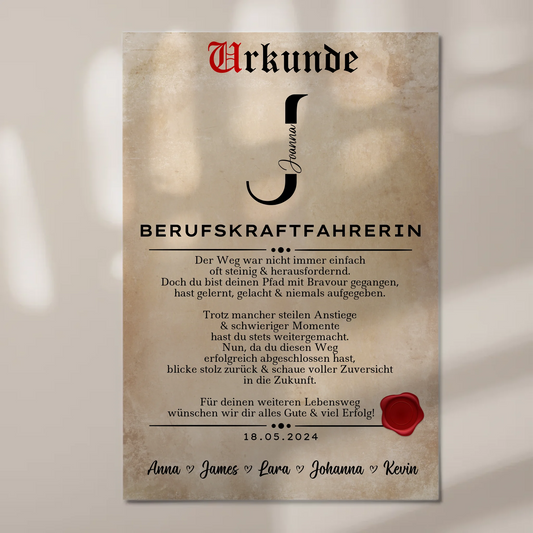Ausbildungsabschluss Geschenk Berufskraftfahrerin Urkunde Fotoboard Magnet Poster