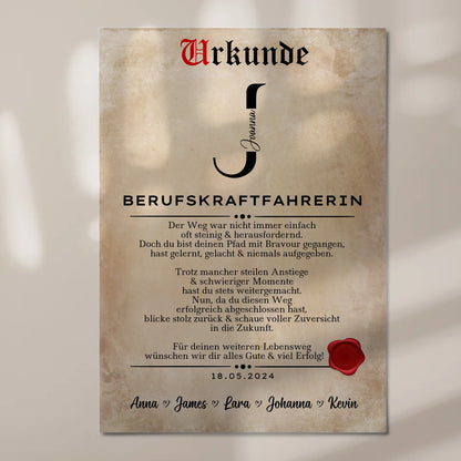 Ausbildungsabschluss Geschenk Berufskraftfahrerin Urkunde Fotoboard Magnet Poster
