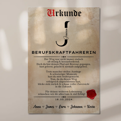 Ausbildungsabschluss Geschenk Berufskraftfahrerin Urkunde Fotoboard Magnet Poster