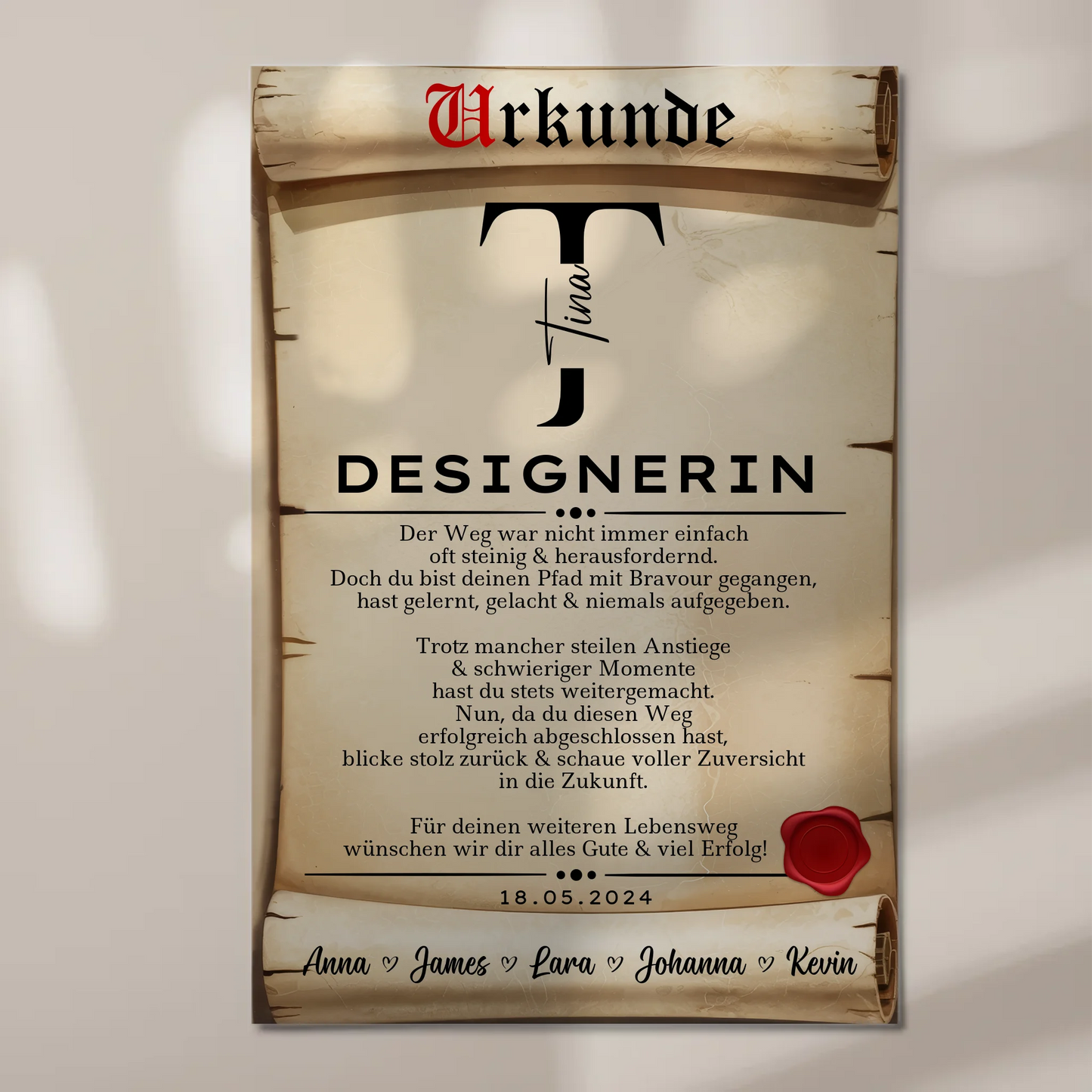 Geschenk Abschluss Ausbildung Designerin Urkunde Fotoboard Magnet Wandbild