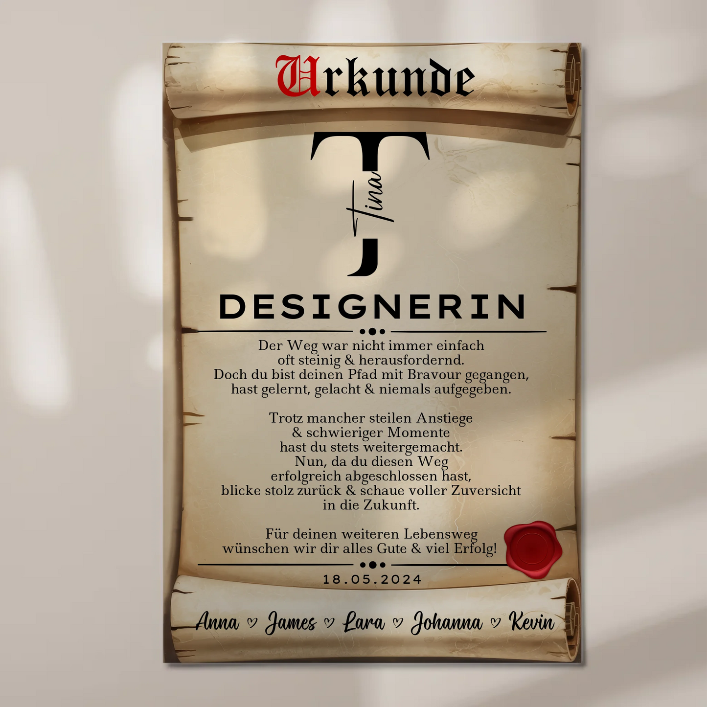 Geschenk Abschluss Ausbildung Designerin Urkunde Fotoboard Magnet Wandbild