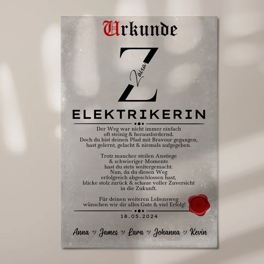 Ausbildungsabschluss Geschenk Elektrikerin Urkunde Fotoboard Magnet Poster