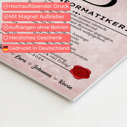 Geschenk Abschluss Ausbildung Fachinformatikerin Urkunde Fotoboard Magnet Wandbild