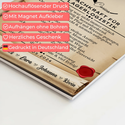 Ausbildungsabschluss Geschenk Fachkraft für Lagerlogistik Urkunde Magnet Wandbild Fotoboard