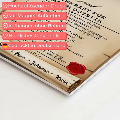 Ausbildungsabschluss Geschenk Fachkraft für Lagerlogistik Urkunde Magnet Wandbild Fotoboard