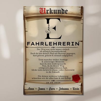Geschenk Abschluss Ausbildung Fahrlehrerin Urkunde Fotoboard Magnetisch