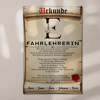 Geschenk Abschluss Ausbildung Fahrlehrerin Urkunde Fotoboard Magnetisch