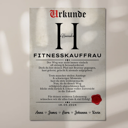 Geschenk Abschluss Ausbildung Fitnesskauffrau Urkunde Fotoboard Magnet Wandbild