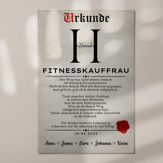 Geschenk Abschluss Ausbildung Fitnesskauffrau Urkunde Fotoboard Magnet Wandbild