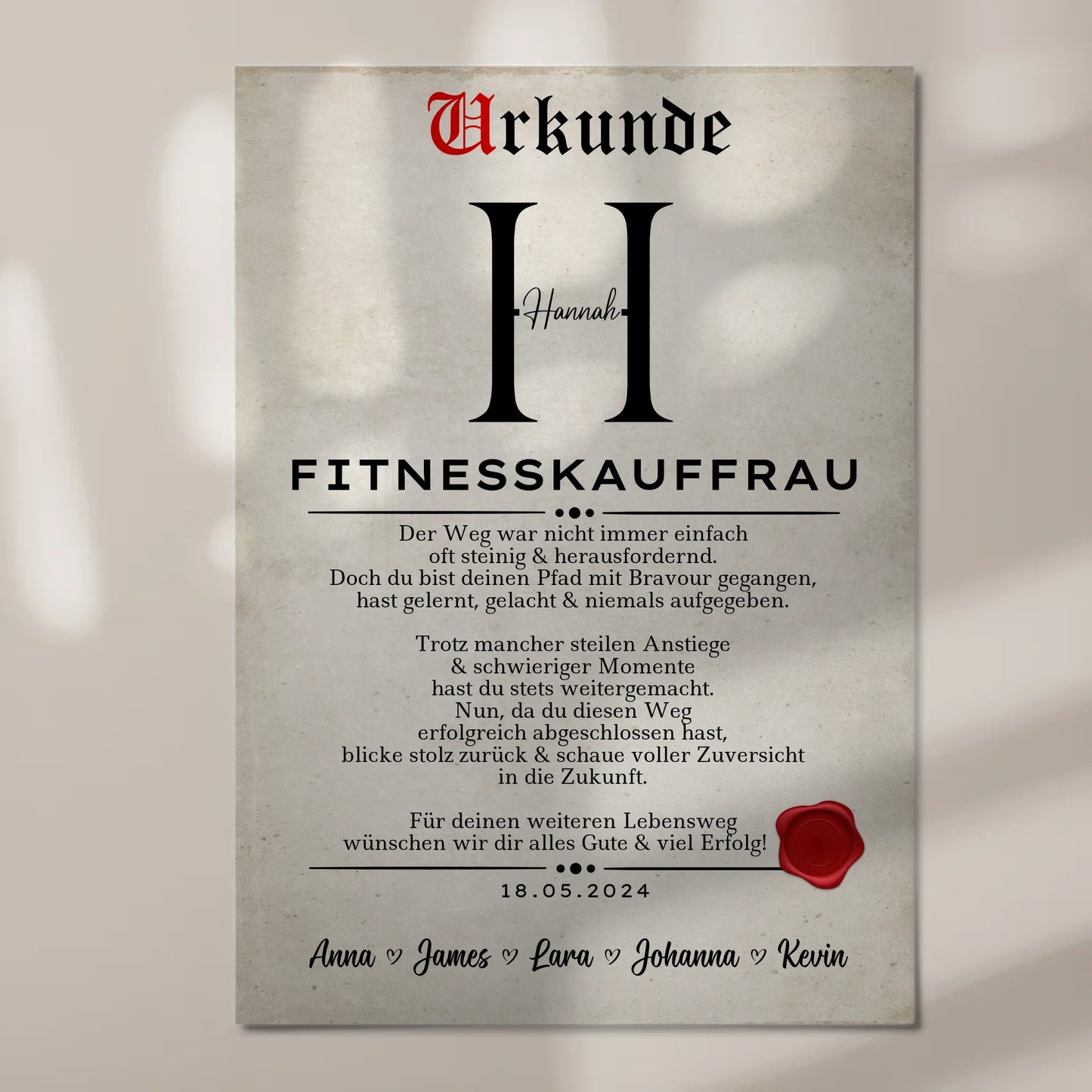 Geschenk Abschluss Ausbildung Fitnesskauffrau Urkunde Fotoboard Magnet Wandbild