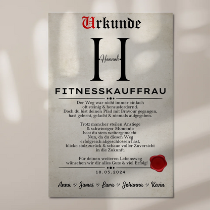 Geschenk Abschluss Ausbildung Fitnesskauffrau Urkunde Fotoboard Magnet Wandbild