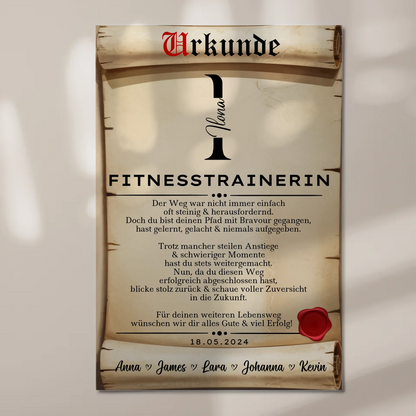 Ausbildungsabschluss Geschenk Fitnesstrainerin Urkunde Magnet Wandbild Fotoboard