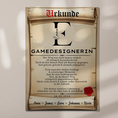 Geschenk Abschluss Ausbildung Gamedesignerin Urkunde Fotoboard Magnet Wandbild