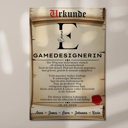 Geschenk Abschluss Ausbildung Gamedesignerin Urkunde Fotoboard Magnet Wandbild
