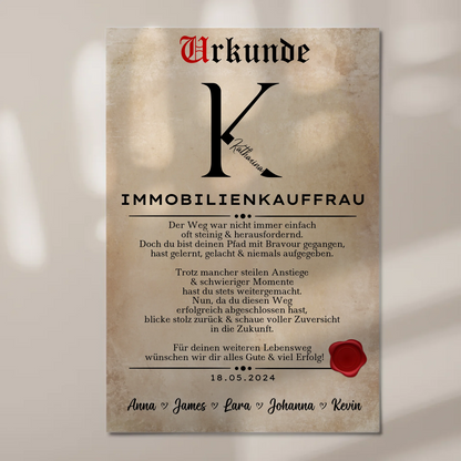 Geschenk Abschluss Ausbildung Immobilienkauffrau Urkunde Fotoboard Magnet Wandbild