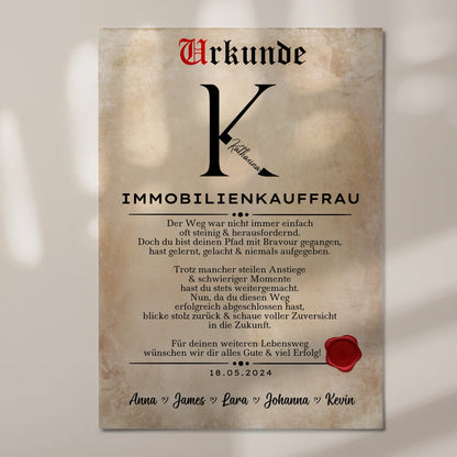 Geschenk Abschluss Ausbildung Immobilienkauffrau Urkunde Fotoboard Magnet Wandbild