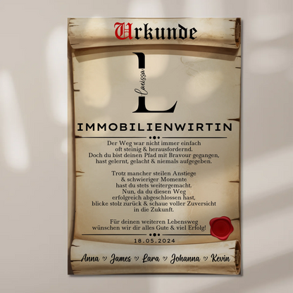 Ausbildungsabschluss Geschenk Immobilienwirtin Urkunde Magnet Wandbild Fotoboard