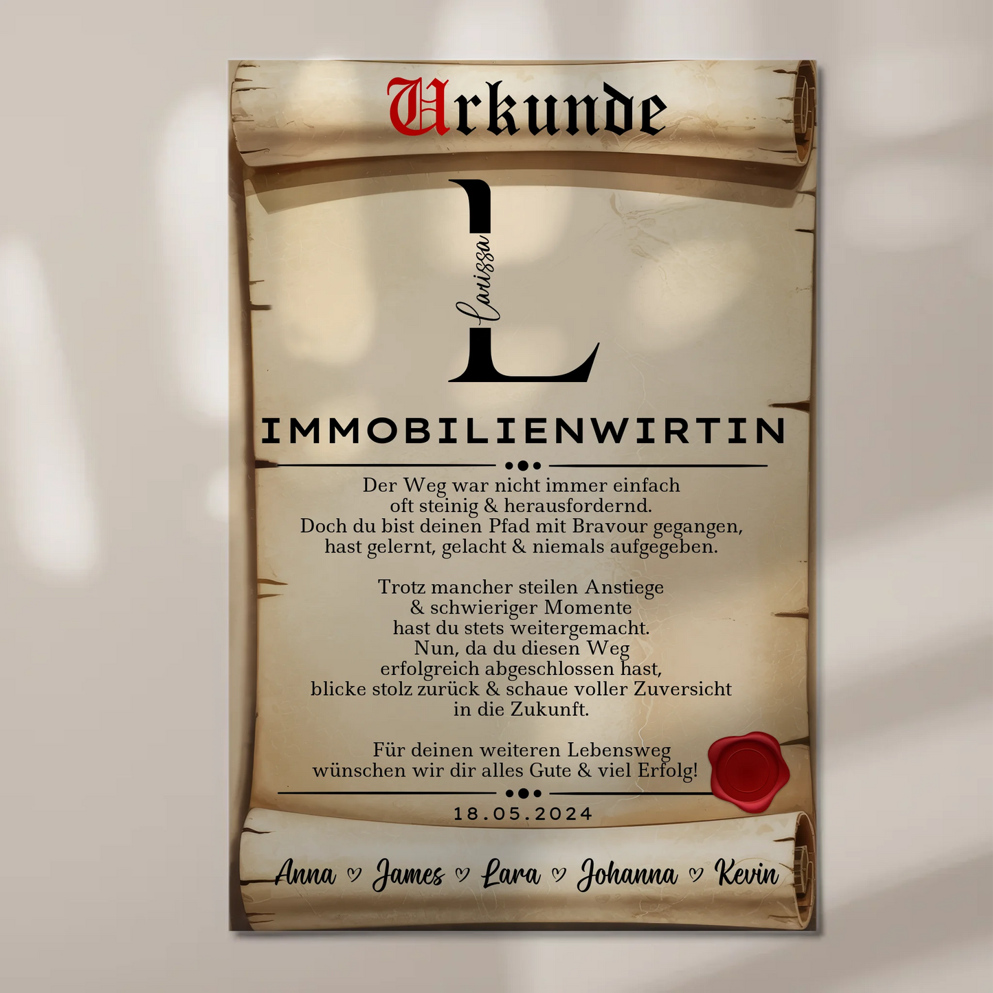 Ausbildungsabschluss Geschenk Immobilienwirtin Urkunde Magnet Wandbild Fotoboard