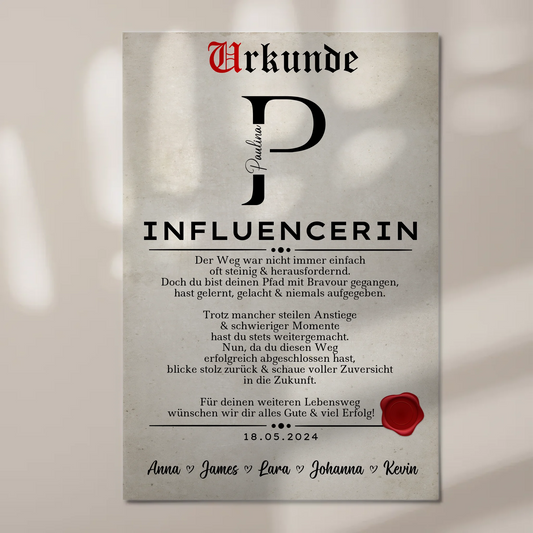 Ausbildungsabschluss Geschenk Influencerin Urkunde Fotoboard Magnet Poster