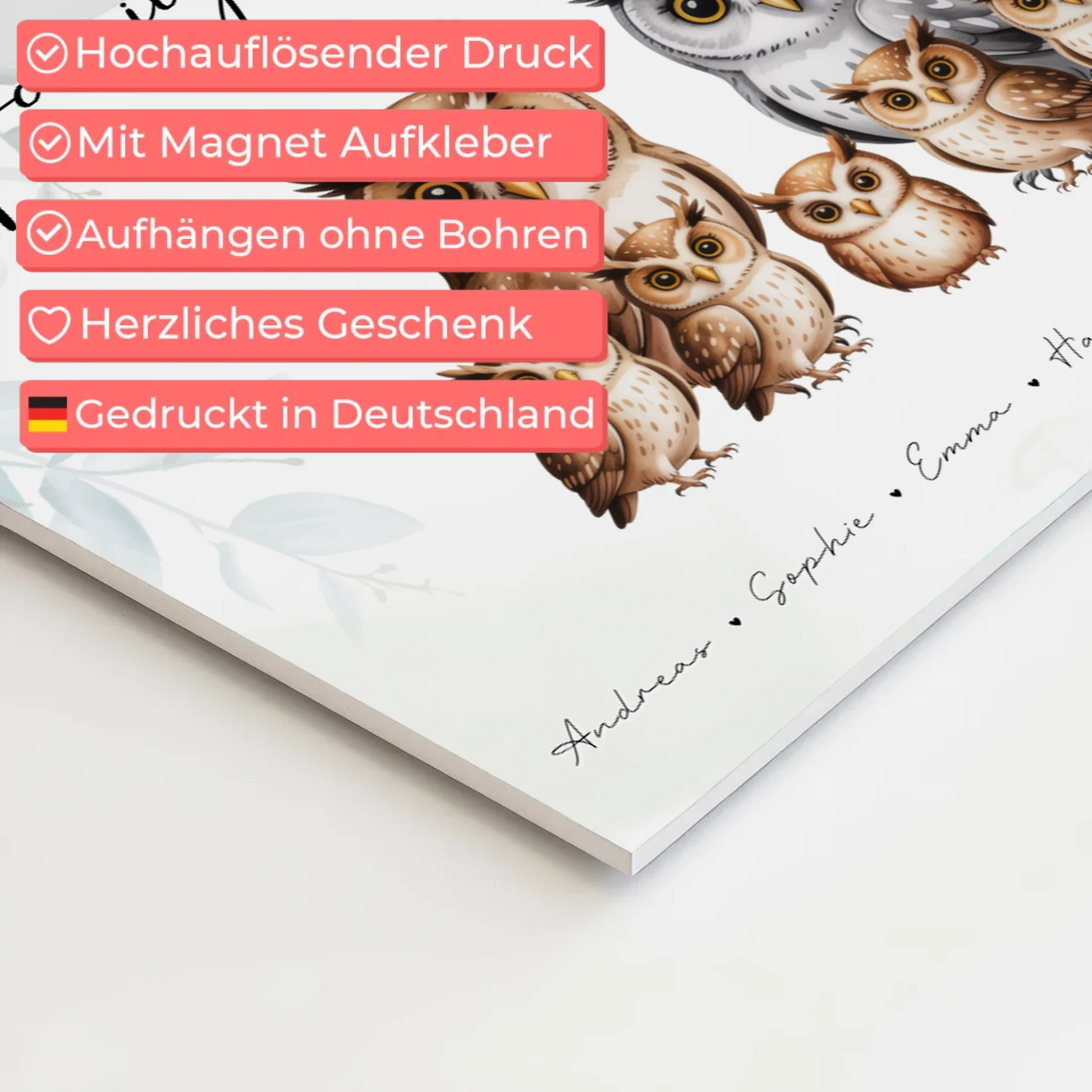 Personalisiertes Fotoboard Familie Eulen Familienporträt Geschenk für Papa Mama Oma Opa 4