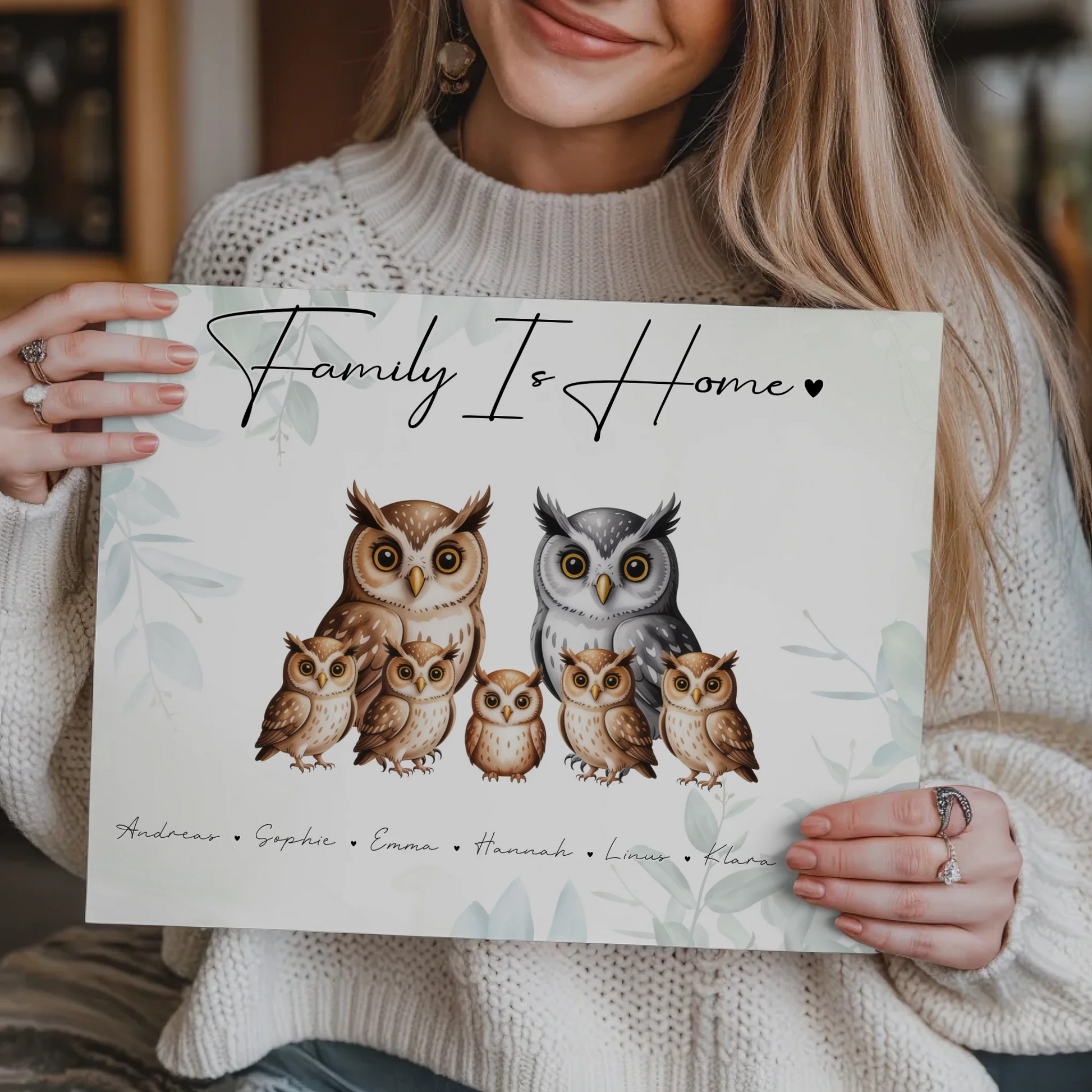 Personalisiertes Fotoboard Familie Eulen Familienporträt Geschenk für Papa Mama Oma Opa 9