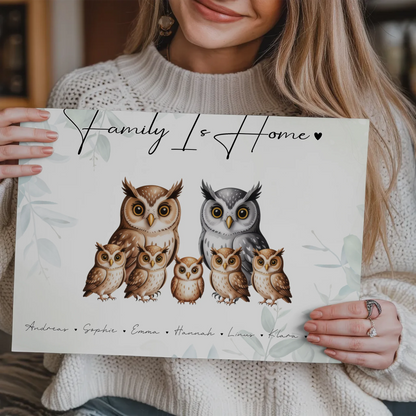 Personalisiertes Fotoboard Familie Eulen Familienporträt Geschenk für Papa Mama Oma Opa