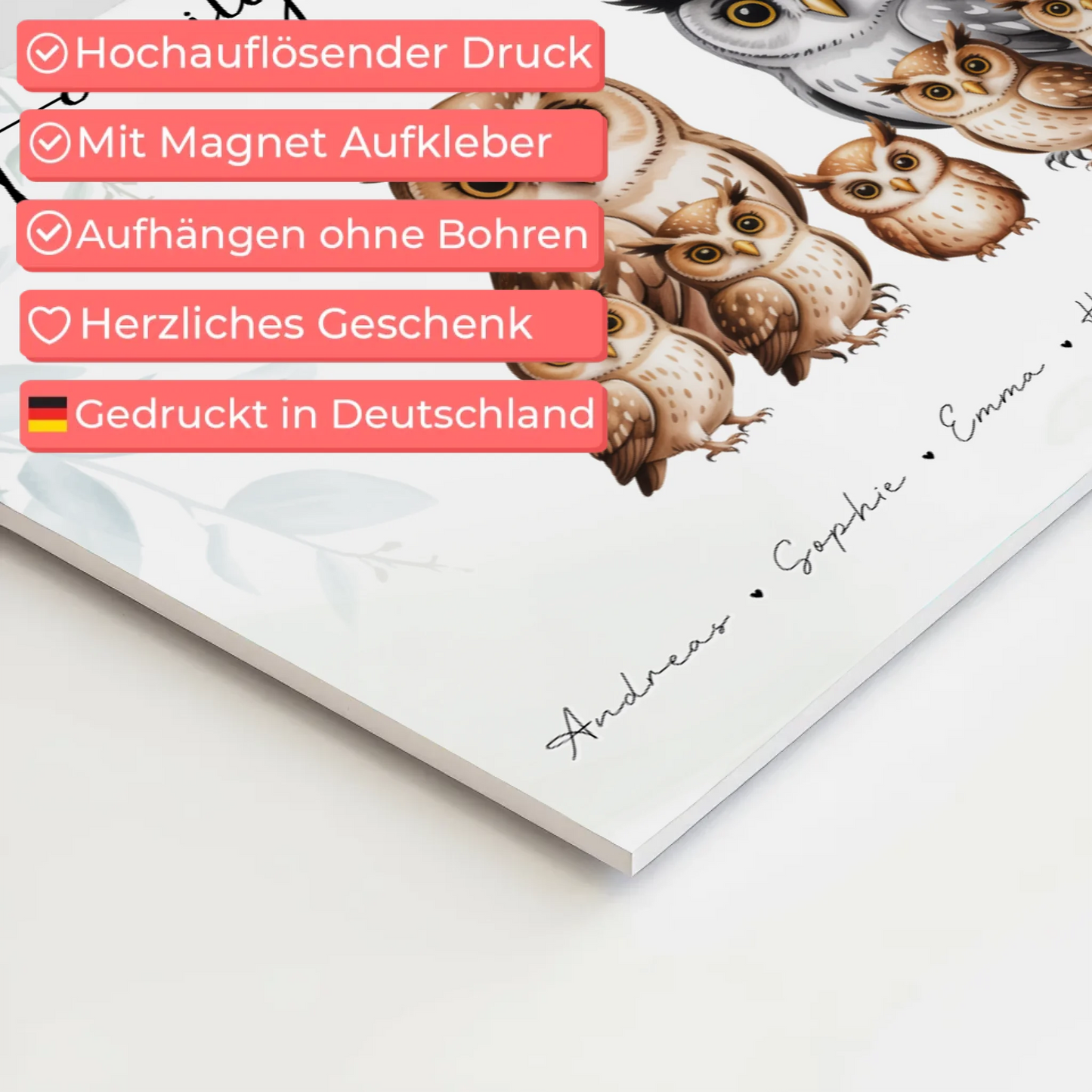 Personalisiertes Fotoboard Familie Eulen Familienporträt Geschenk für Papa Mama Oma Opa