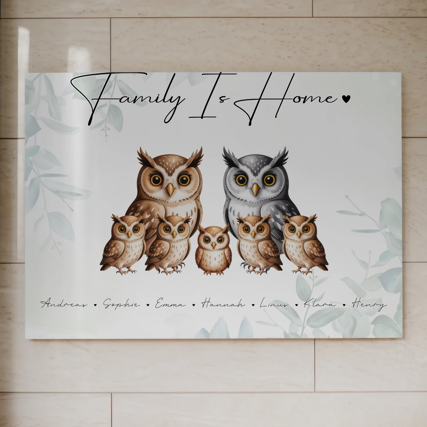 Personalisiertes Fotoboard Familie Eulen Familienporträt Geschenk für Papa Mama Oma Opa