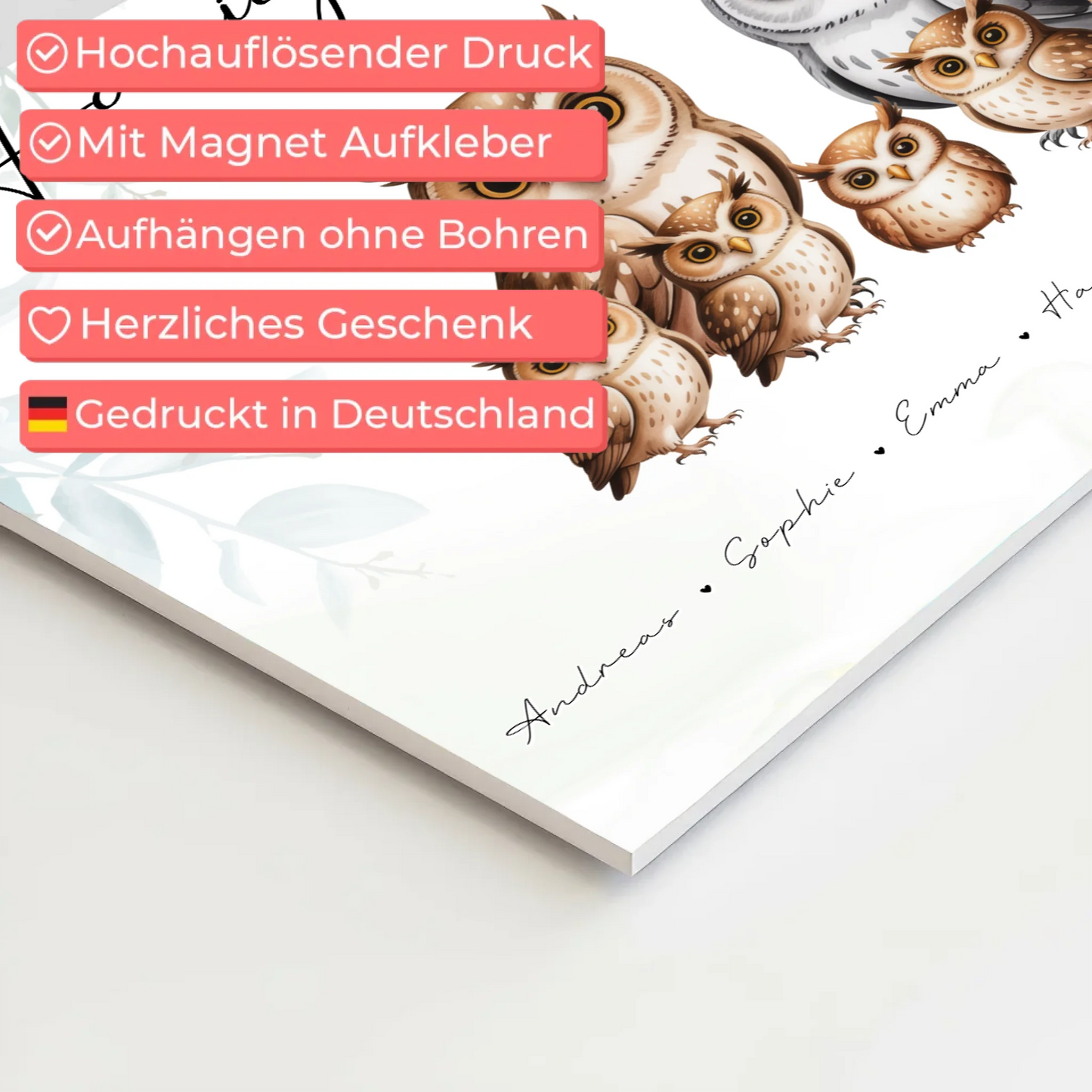 Personalisiertes Fotoboard Familie Eulen Familienporträt Geschenk für Papa Mama Oma Opa