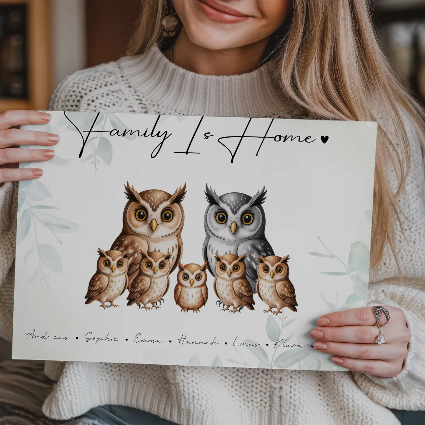 Personalisiertes Fotoboard Familie Eulen Familienporträt Geschenk für Papa Mama Oma Opa