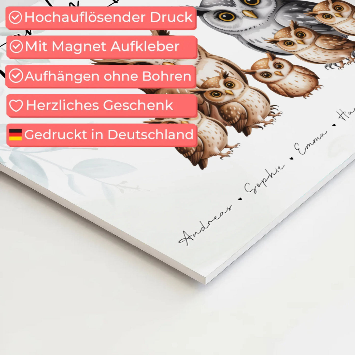 Personalisiertes Fotoboard Familie Eulen Familienporträt Geschenk für Papa Mama Oma Opa