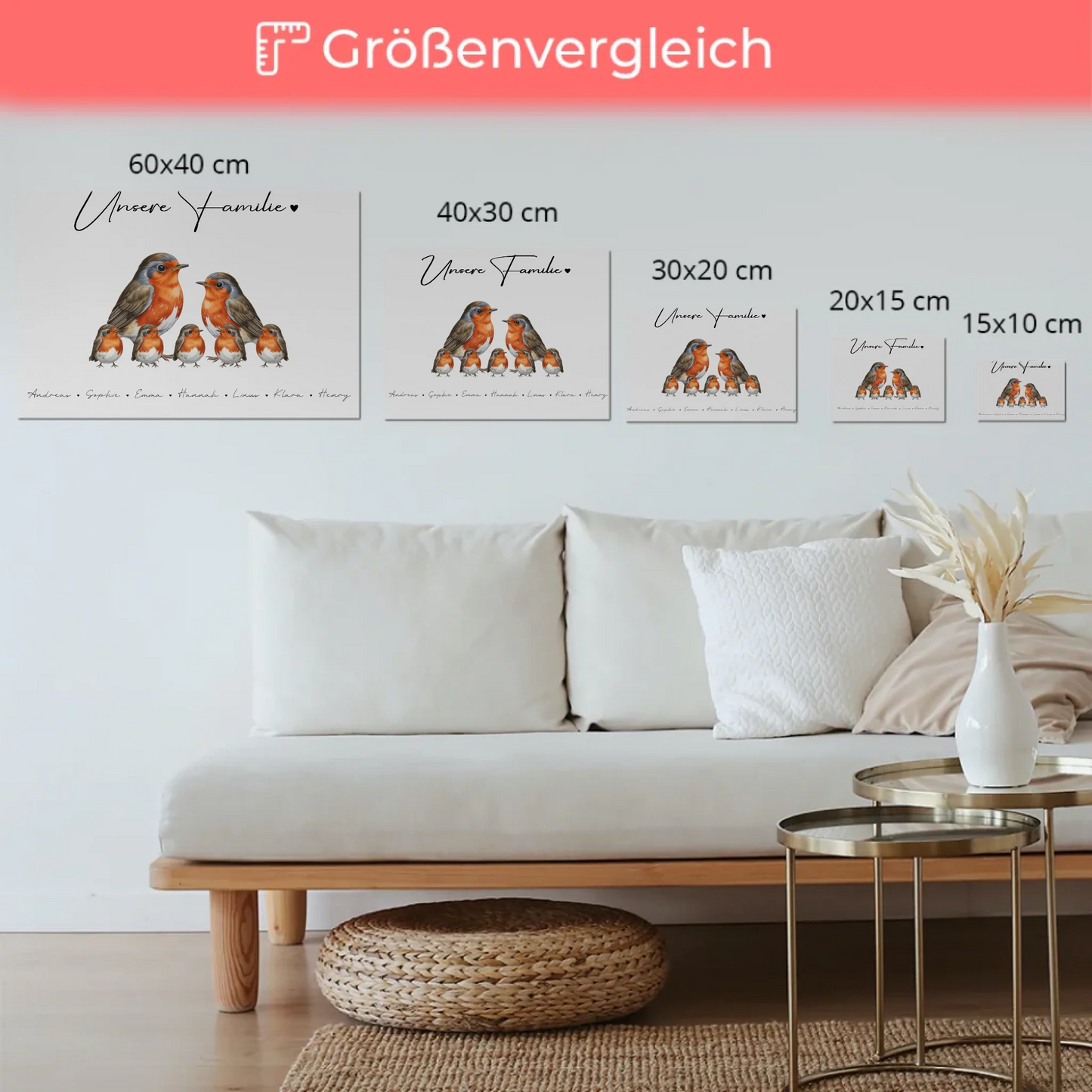 Magnetisches Fotoboard Sprüche Familie Rotkehlchen Familienporträt Geschenk für Oma Opa Mama Papa