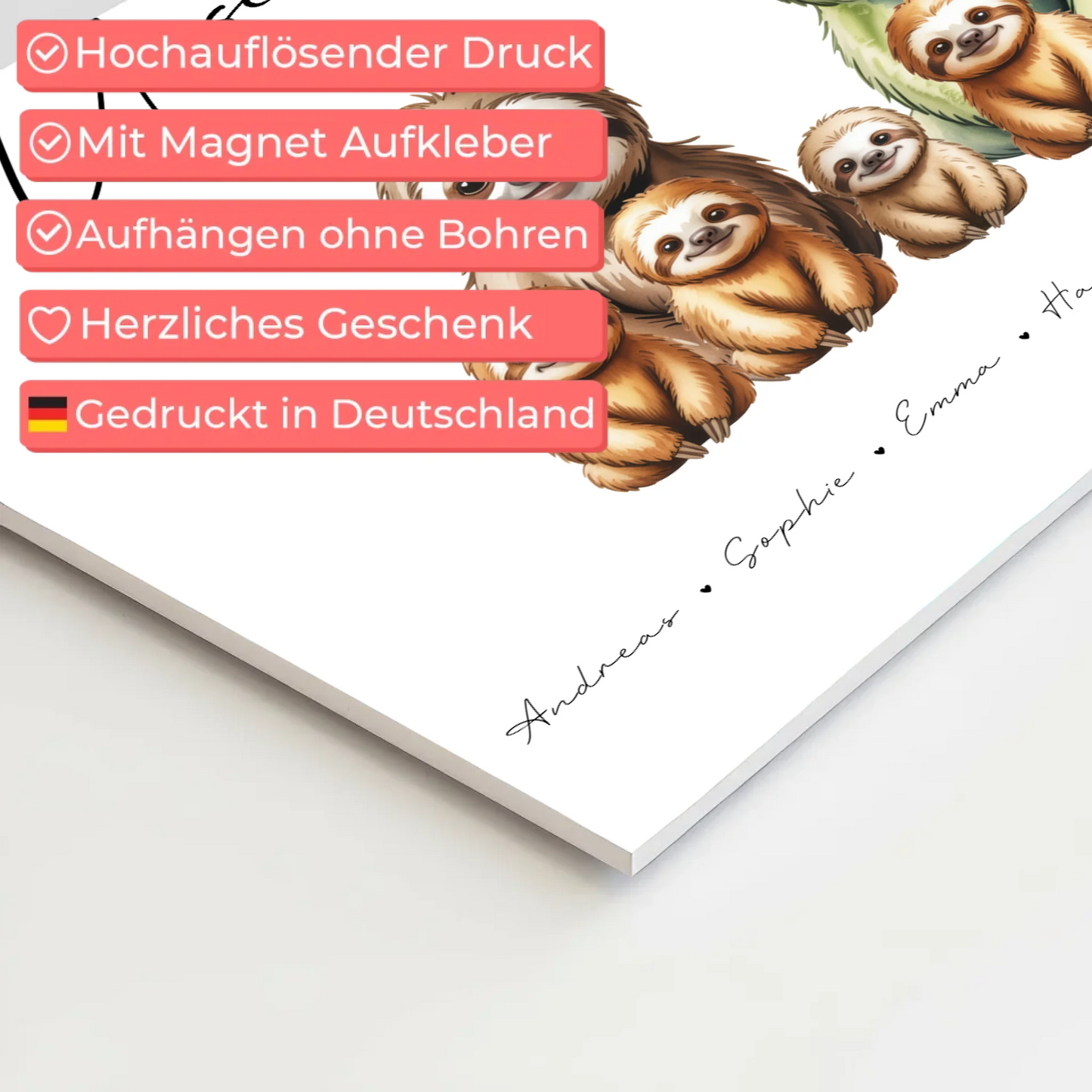 Fotoboard Wandbild Personalisiert Familie Faultier Familienporträt Geschenk für Oma Opa Mama Papa