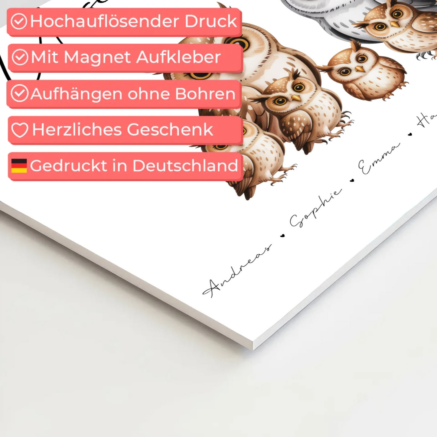 Fotoboard Magnet Poster Familie Eulen Familienporträt Geschenk für Mama Papa Oma Opa