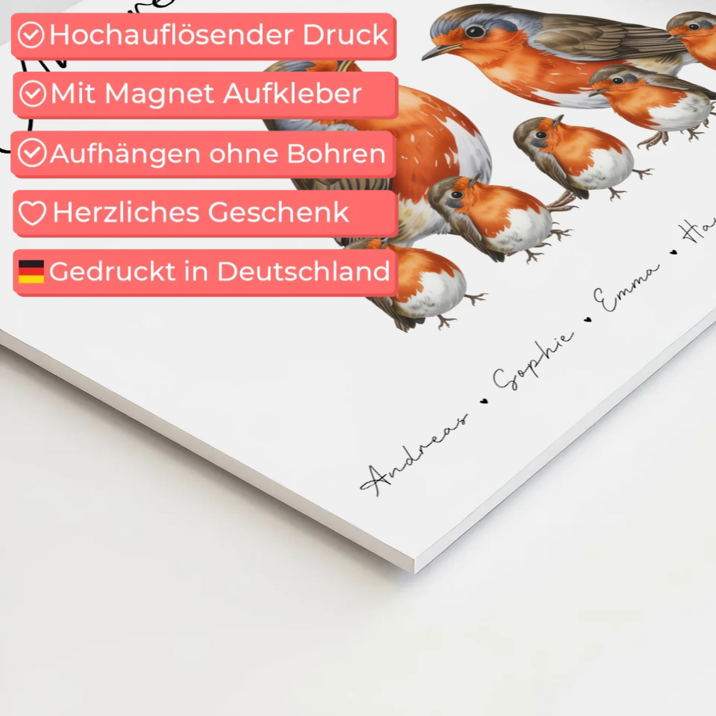 Magnetisches Fotoboard Sprüche Familie Rotkehlchen Familienporträt Geschenk für Oma Opa Mama Papa