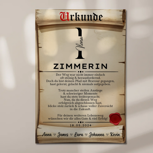 Ausbildungsabschluss Geschenk Zimmerin Urkunde Magnet Wandbild Fotoboard 1