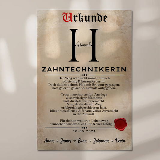 Geschenk Abschluss Ausbildung Zahntechnikerin Urkunde Fotoboard Magnet Wandbild 1